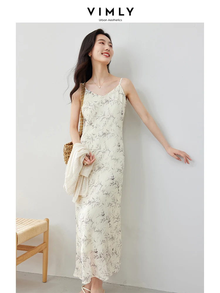 

VIMLY Sleeveless Floral Print Suspenders Dress Summer Fashion Sexy V-Neck Slim Versatile Suspender Printing A-Line Dress M7121