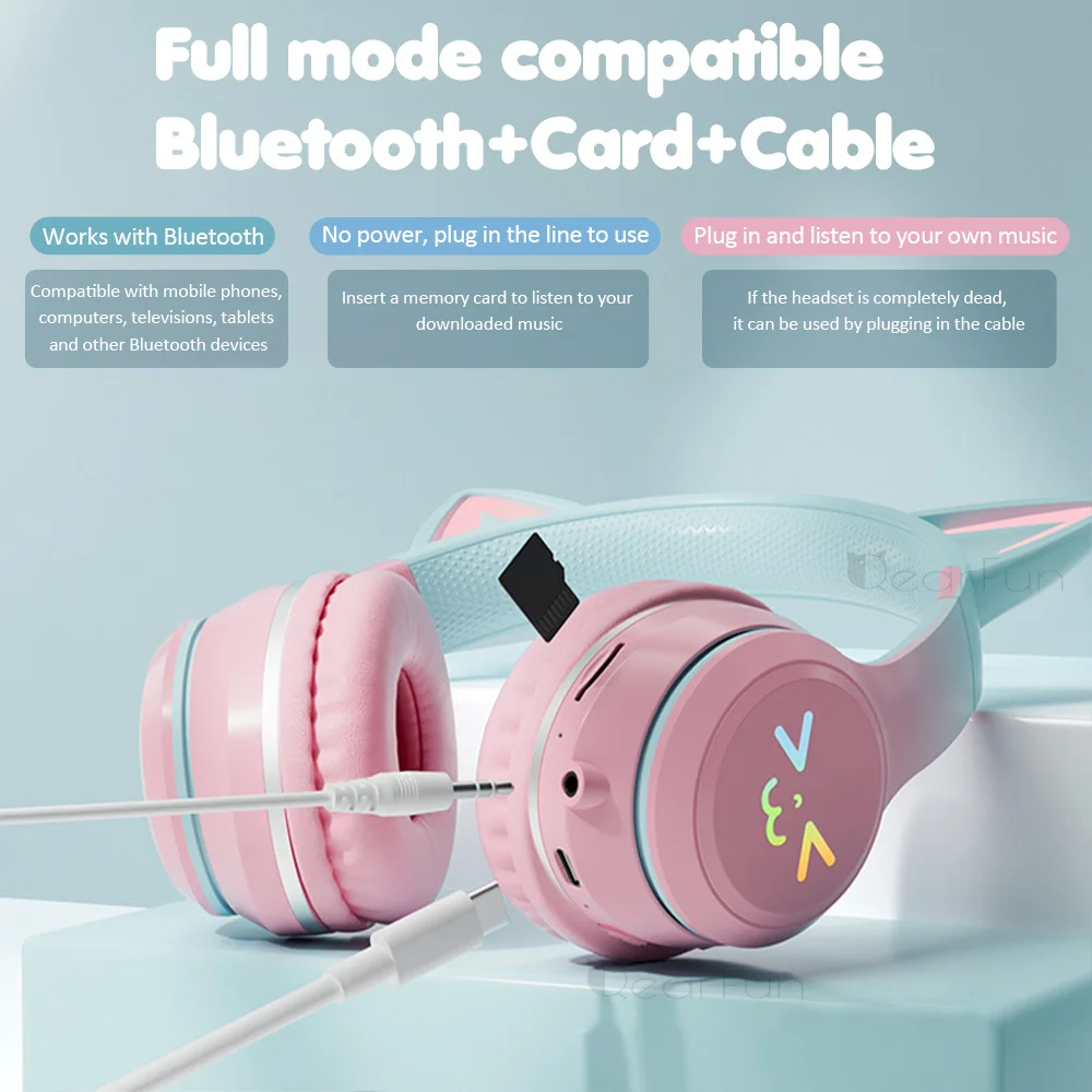 Gradient Cat Ear Headphones Cute Kids Girls Headphones Stereo Music Wireless Headset RGB Light Control Gaming Headsets Gifts