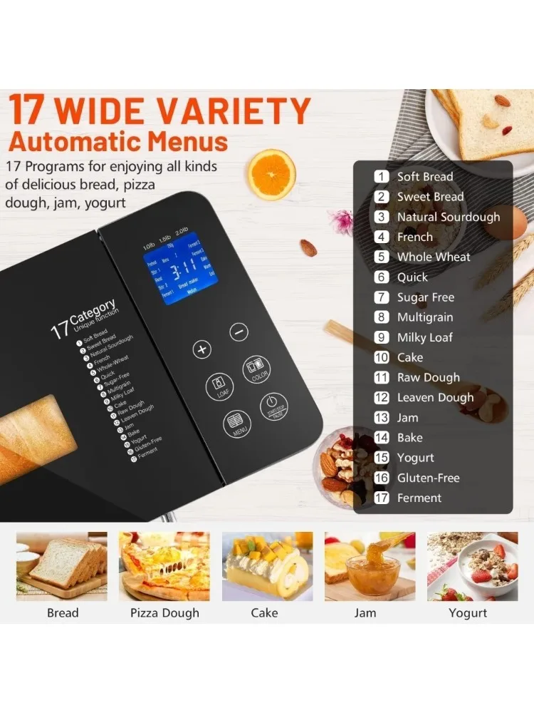 *Bread Maker, 17-in-1 Dual Heaters Bread Maker, Auto Nut Dispenser,Ceramic Pan& Touch Panel, 3 Loaf Sizes, Bread Maker 2