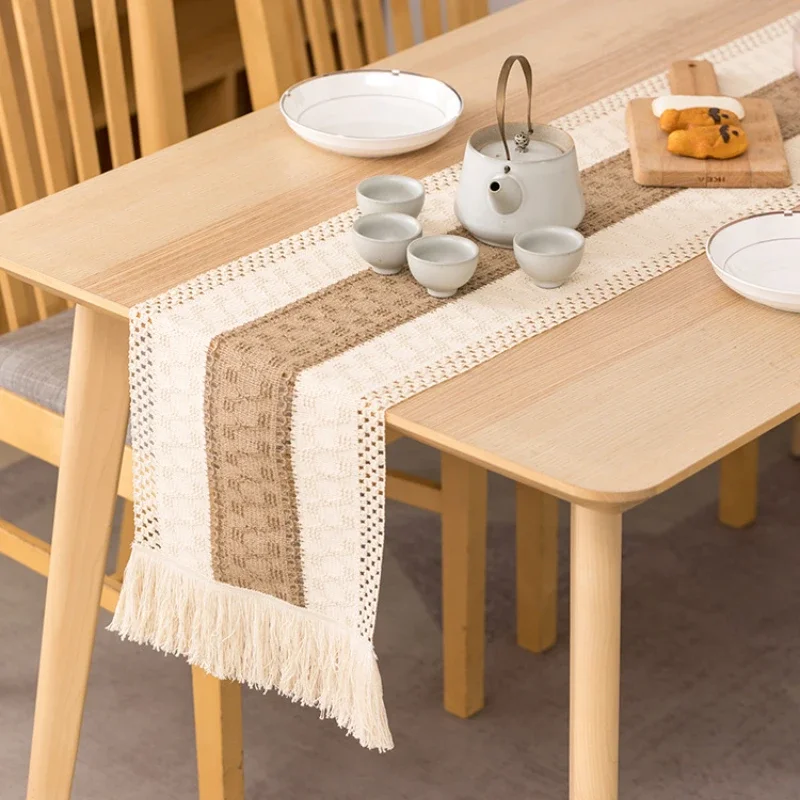 Camino de mesa de yute de estilo rústico marrón con bordes blancos con  flecos, decoración de mesa para fiestas, bodas, vacaciones, cocina,  comedor