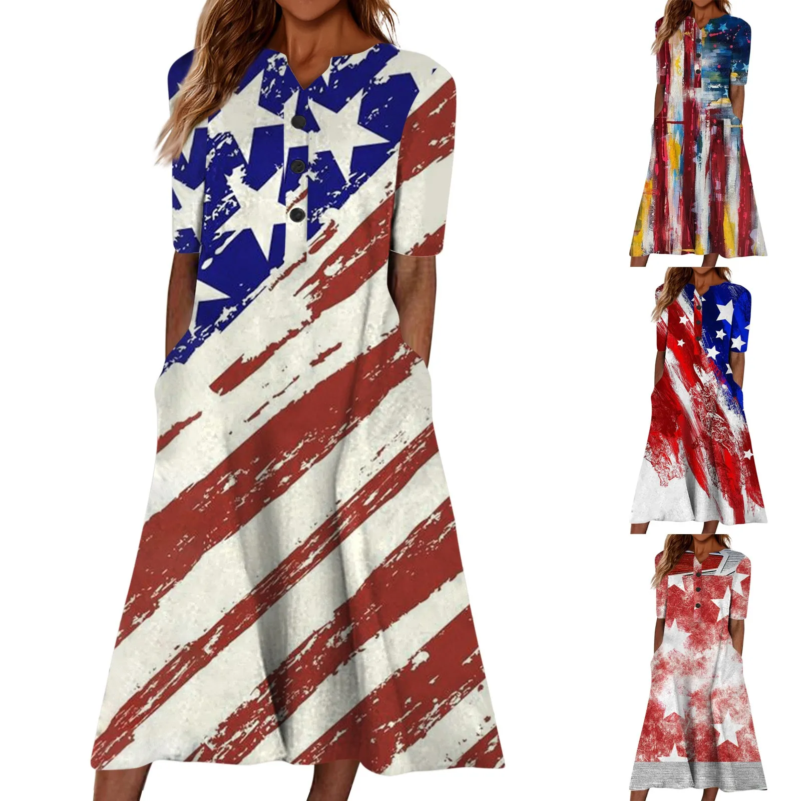 

2023 Spring And Summer Fashion Short-Sleeve Dress Independence Day V-Neck Printing New Casual Temperament Beach Loose Dress