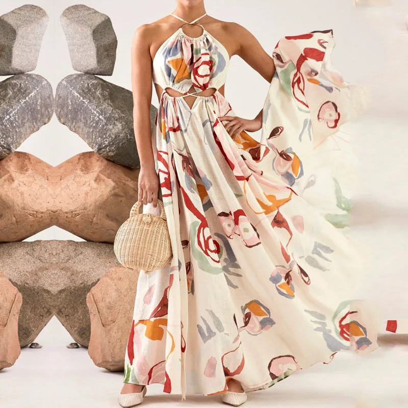 

New Women Fashion Printing Long Beach Dresses 2023 Summer Ladies Hollow Out Sexy Vacation Party Dress Slim Halter Swing Dress