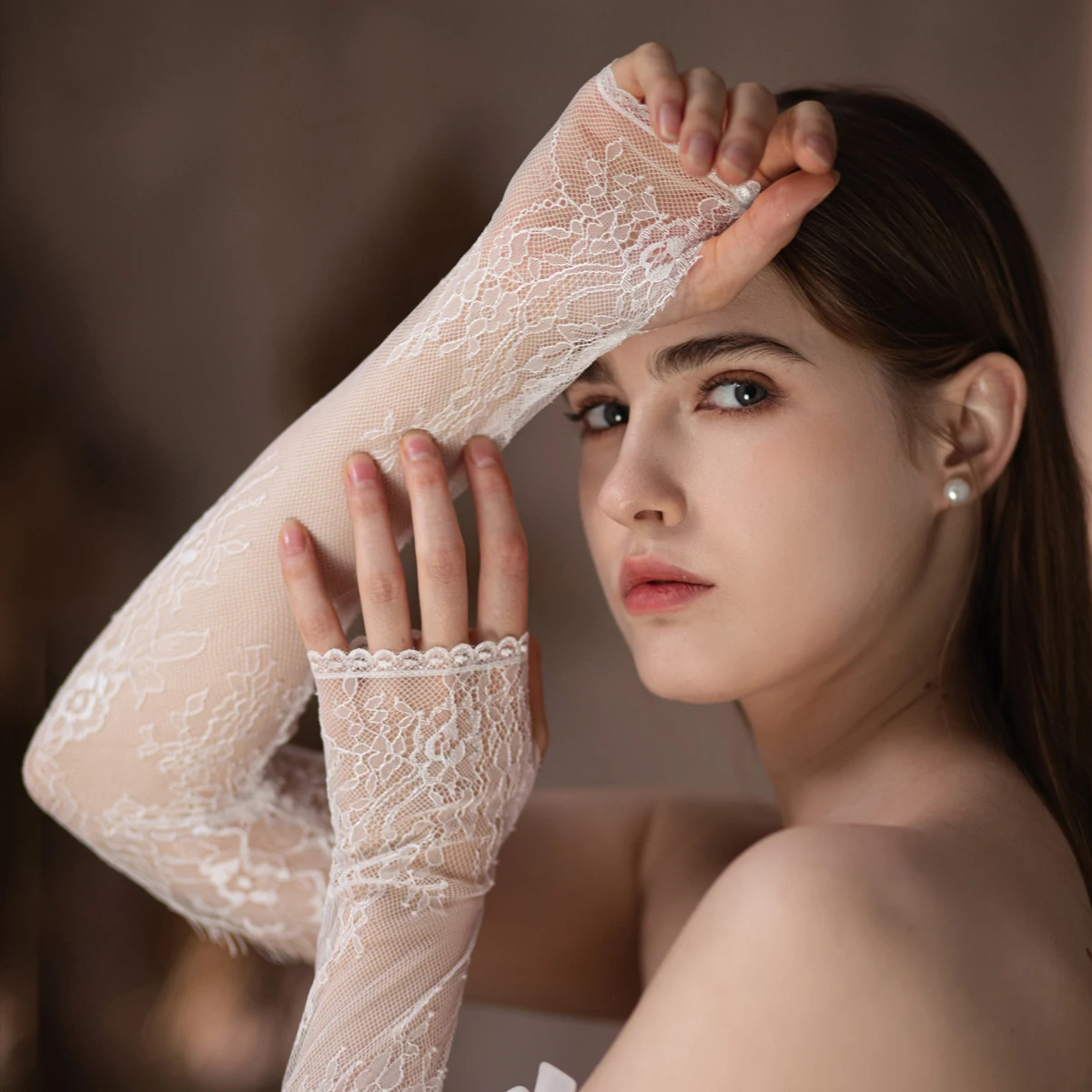 Lace Gloves WG103 Wedding Bridal Handmade Gloves Eyelash Lace White Long Fingerless Women Pageant Sleevelet