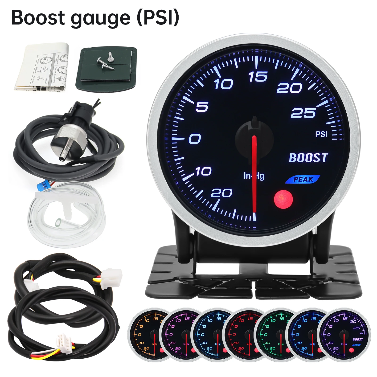 8-Color Backlit Universal Turbo Pressure Gauge - Fuel, Oil, Temp Reading, 52mm, 12V