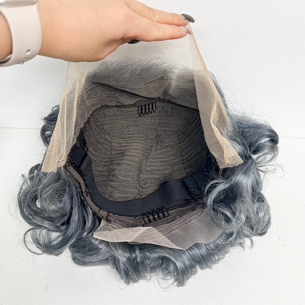 13x4 Transparent Lace Frontal Wigs Loose Bouncy Curly Human Hair Wig 250% Density Gray Short Wave Curly Wigs for Black Women