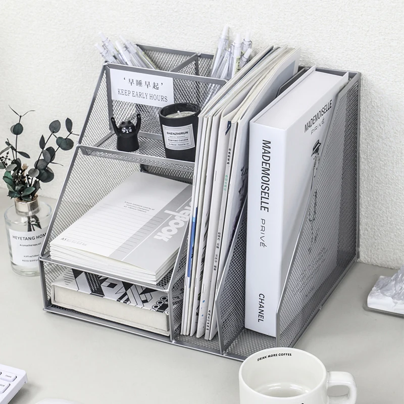 Mesh storage frame multi-functional layer desktop file letter tray for folders, mail, stationery, desk accessories White black 5