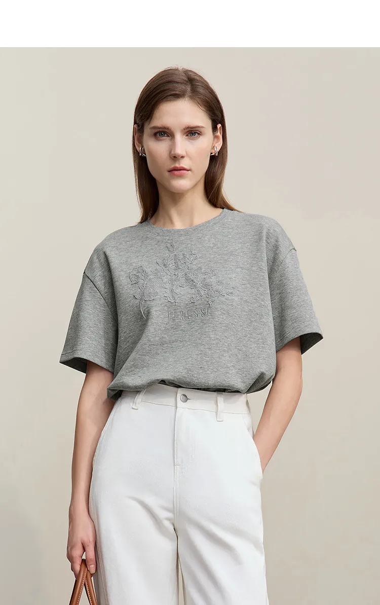 Amii Women's T-Shirt 2026 Summer New Round Neck Drop Shoulder Cotton Tee Lace Embroidered Woman Loose Fit knit Tops 12622048