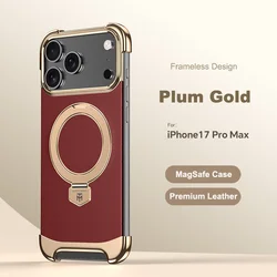 Luxury Leather Ultra Thin Frameless Magnetic Case with Metal Bracket - iPhone 15 (Plum Gold)