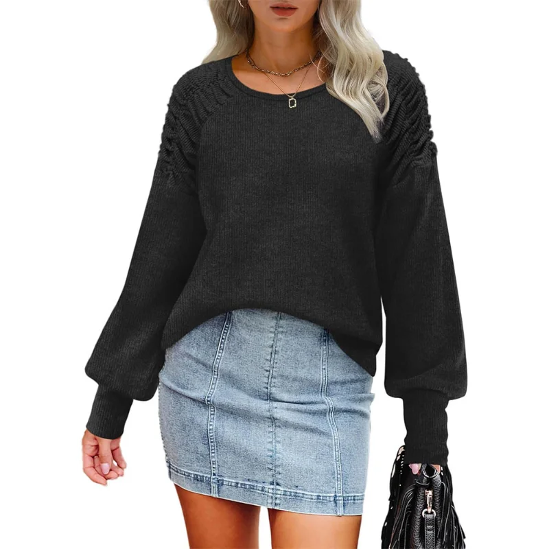 2023 Autumn and Winter New Fashion Temperament Women's Clothing Folds Round Neck Bubble Sleeve Solid Color Commuter Pullover