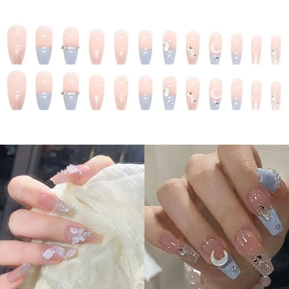 24pcs/set Fake Nails Stickers Press On Nails Tips Artificial Reusable Removable Easy To Wear Diamond Streamer French Nail Art summer short natural transparent half paste french nail tips false fake nails gel press on ultra easy wear for home office wear