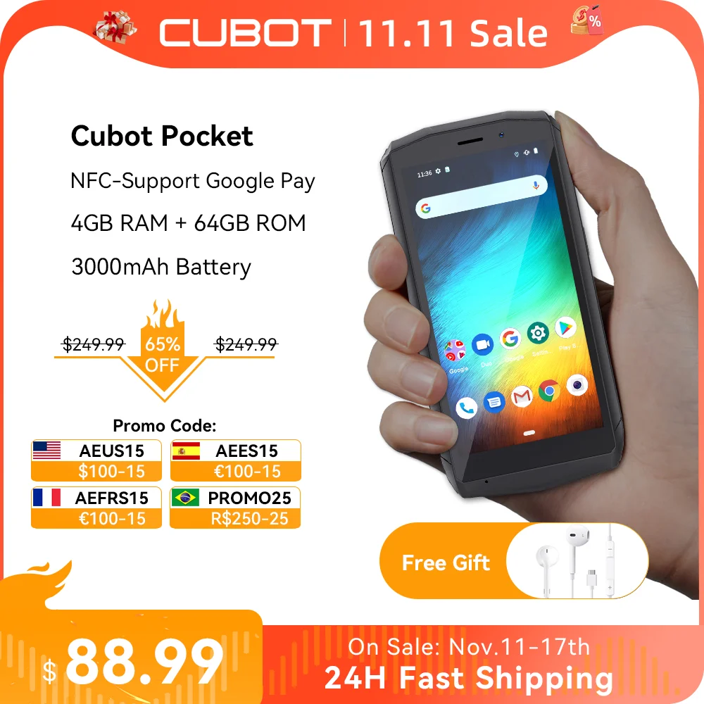 Cubot Pocket Android Mini Smartphone, NFC, 4 GB RAM, 64 GB ROM, 128 GB Extended, 4 Inch Screen, 3000mAh, Face ID, 4G Mini Phone 