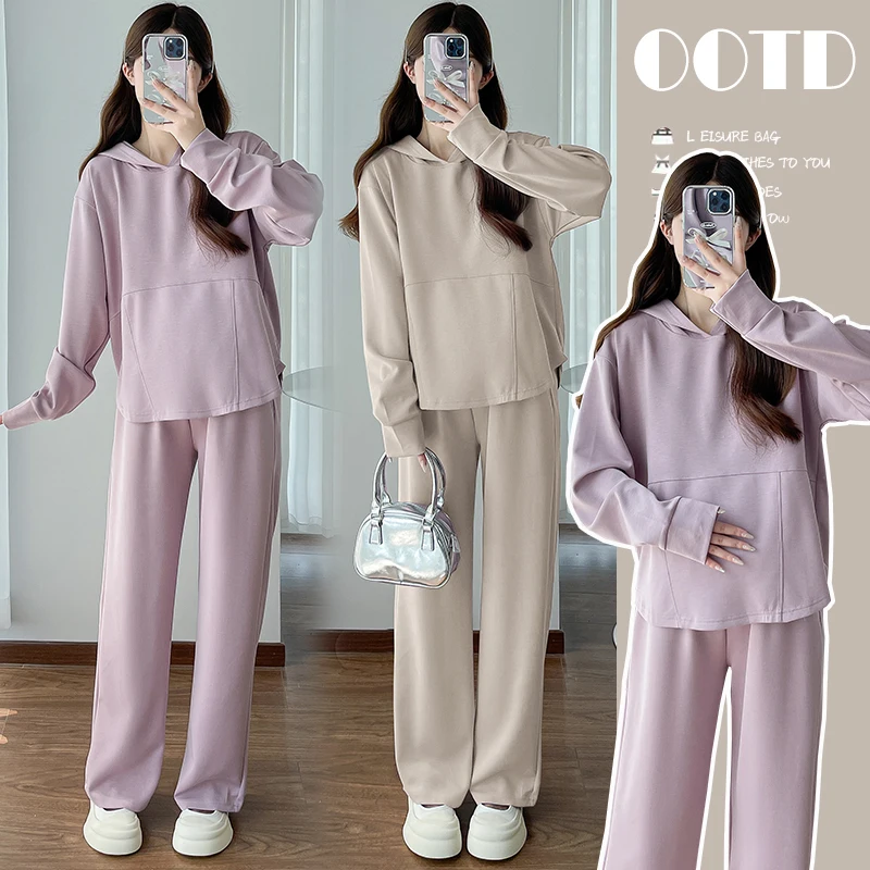 D70664# Maternity Tops+Pants Two-piece Maternity Clothes T Shirt Sets Belly Support Pants Hoodie 2 Pcs Clothing
