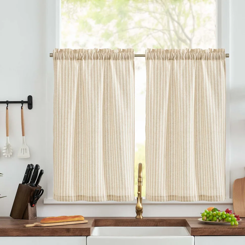 Linen Kitchen Curtains - Japanese Striped Short Rod Pocket Drapes
