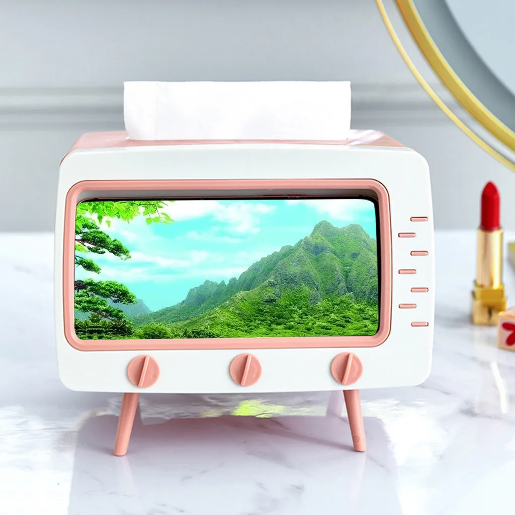 Creative 2 In 1 TV Tissue Box Desktop Paper Holder Dispenser Storage Napkin Case Organizer with Mobile Phone Holder 4
