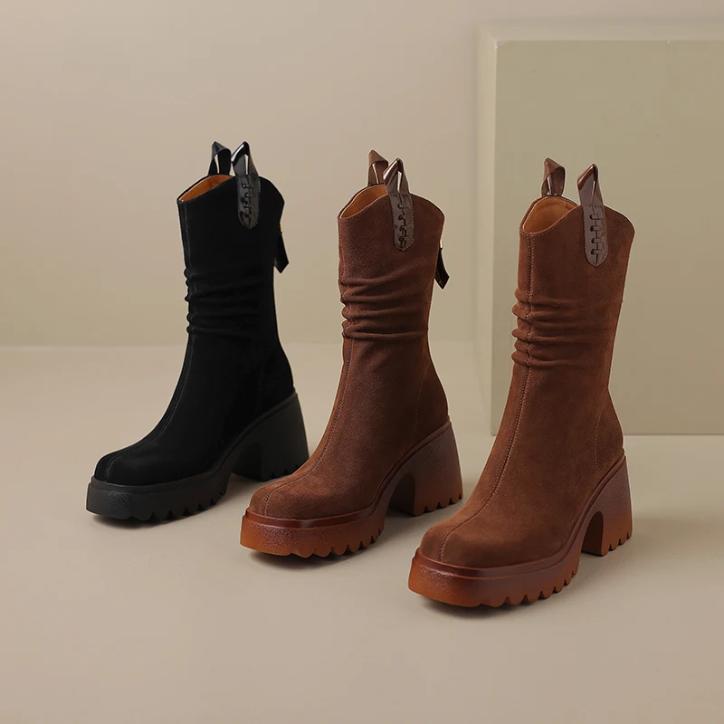 

2023new Autumn winter Women ankle boots natural leather 22-25cm cow suede+pigskin modern boots back zip thick heel western boots