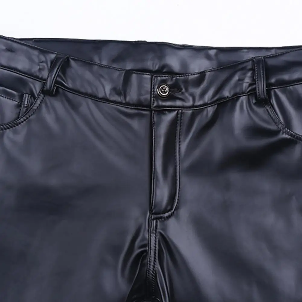 Description Picture 6 of itemButton Zip Closure Pants Men's Slim Fit Faux Leather Pants with Pockets Soft Breathable Mid Waist Trousers for Motocycle
