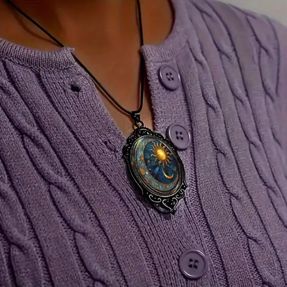 Gothic Glass Pendant Necklace for Women Sun Moon Punk Style Charm Necklace Vintage Cameo Rope Chain Witch Accessories