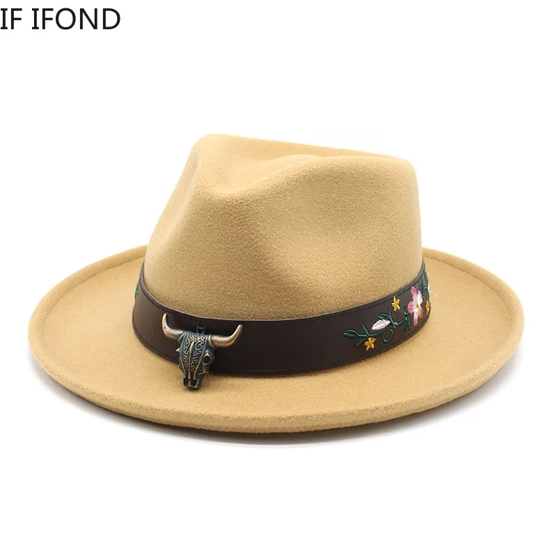 

Men Curved Brim Soft Wool Fedora Hat Vintage Cow Head Accessories Trilby Jazz Hat Panama Felt Cowboy Hat chapeu feminino