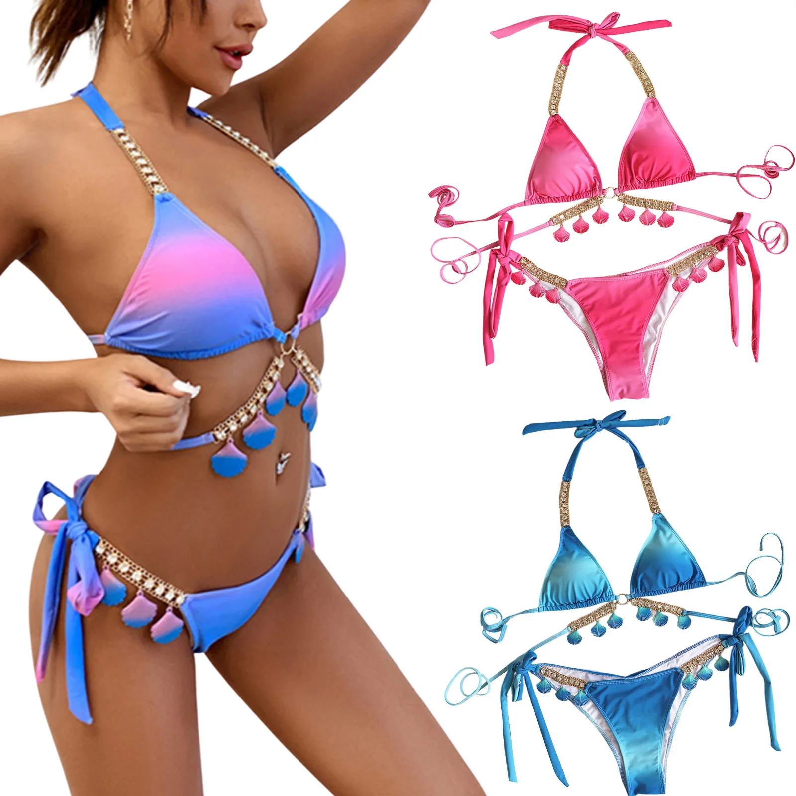 

Women 2PCS Bikini Suit Gradient Shell Tassel Halter Push-Up Bra Low Cut Strappy Triangle Panty Ladies Tie-Up Beach Swimwear