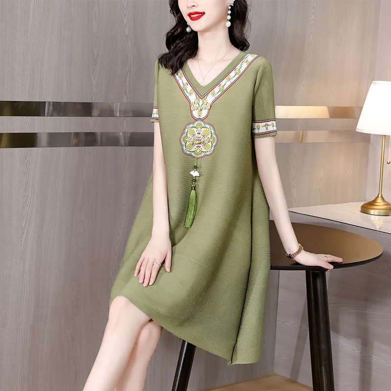 

Wrinkle Loose Improvement Qipao Dress Women's Short sleeved Summer 2024 New Mom's Dress Chinese Style