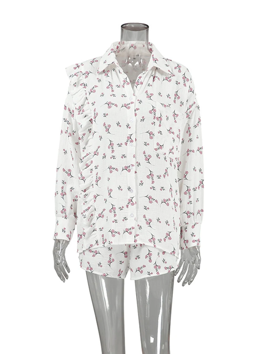 Marthaqiqi New 2024 Printing Ladies Nightgowns Suit Long Sleeve Pajamas Turn-Down Collar Sleepwear Shorts Autumn Nightwear Set