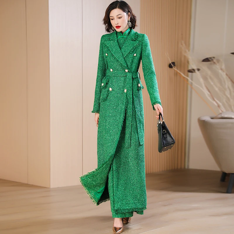 

Wool Blends New Trench Women Winter Coat Green X-Long Jacket Double Breasted Turn-down Collar Outwear Office Lady Skirt Hem