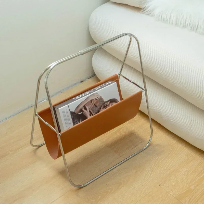 Vintage Light Luxury Leather Magazine Shelf Stainless Steel Foldable Bookcase MidCentury Design Living Room Storage