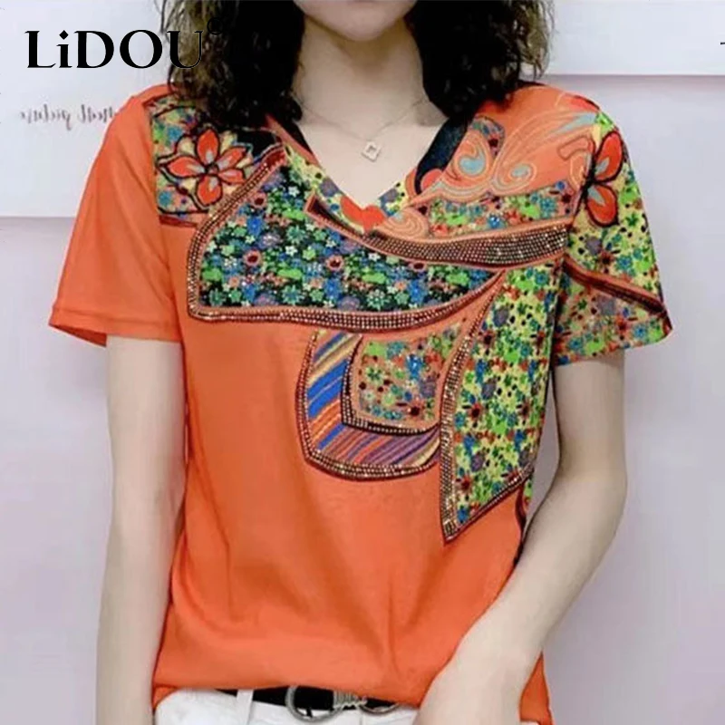 

Summer Y2K Print Diamond Pullover Women Chic All-match T-shirt Casual Fashion V-neck Female T-shirts Vintage Short Sleeve Tops