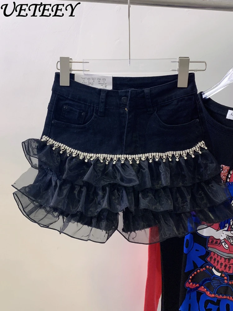 

Cute Exquisite European Goods Autumn and Winter High Waist Short Skirt Stretch Slimming Patchwork Yarn Denim Culotte Skirts