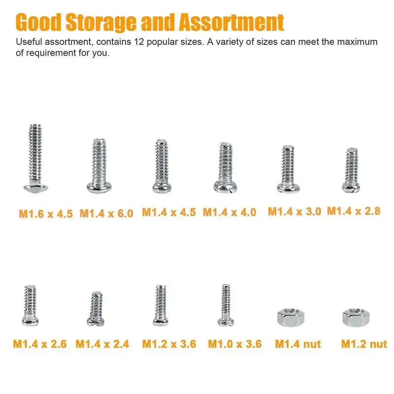 12 Kinds of Small Screws Nuts Assortment Kit M1 M1.2 M1.4 M1.6 Screw for Watches Glassess Frame Repair Tools with Screwdriver