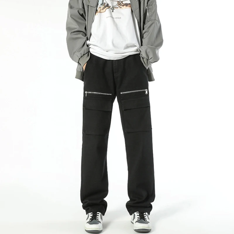 Four Season Black Men's Casual Cargo All-match Pants Male Tide Zippers Pocket Straight Motorcycle Baggy Punk Wide Leg Trousers