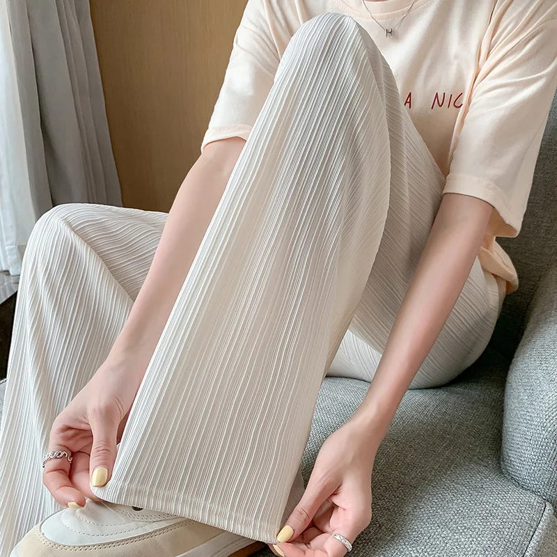 Ice Silk Wide Leg Pants Women\'s Spring and Autumn Thin Fold Vertical Stripe Chiffon High Waist Draping Loose Straight Leg Pants