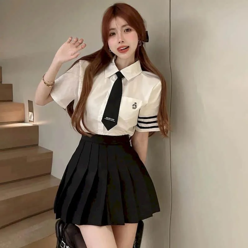 JK 유니폼 일본 한국 스타일 정장 드레스 여성, 프레피 스타일 화이트 반팔 셔츠, 하이웨이스트 플리츠 스커트 세트, 여름