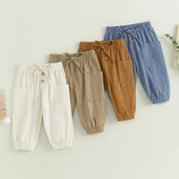Cotton Linen Casual Baby Pants Toddler Boys Girls Casual Bottom Summer Autumn Solid Drawstring Button Children Pockets Trousers 1