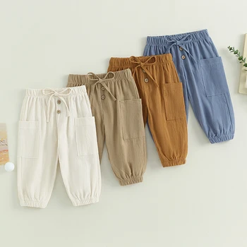 Cotton Linen Casual Baby Pants Toddler Boys Girls Casual Bottom Summer Autumn Solid Drawstring Button Children Pockets Trousers 1