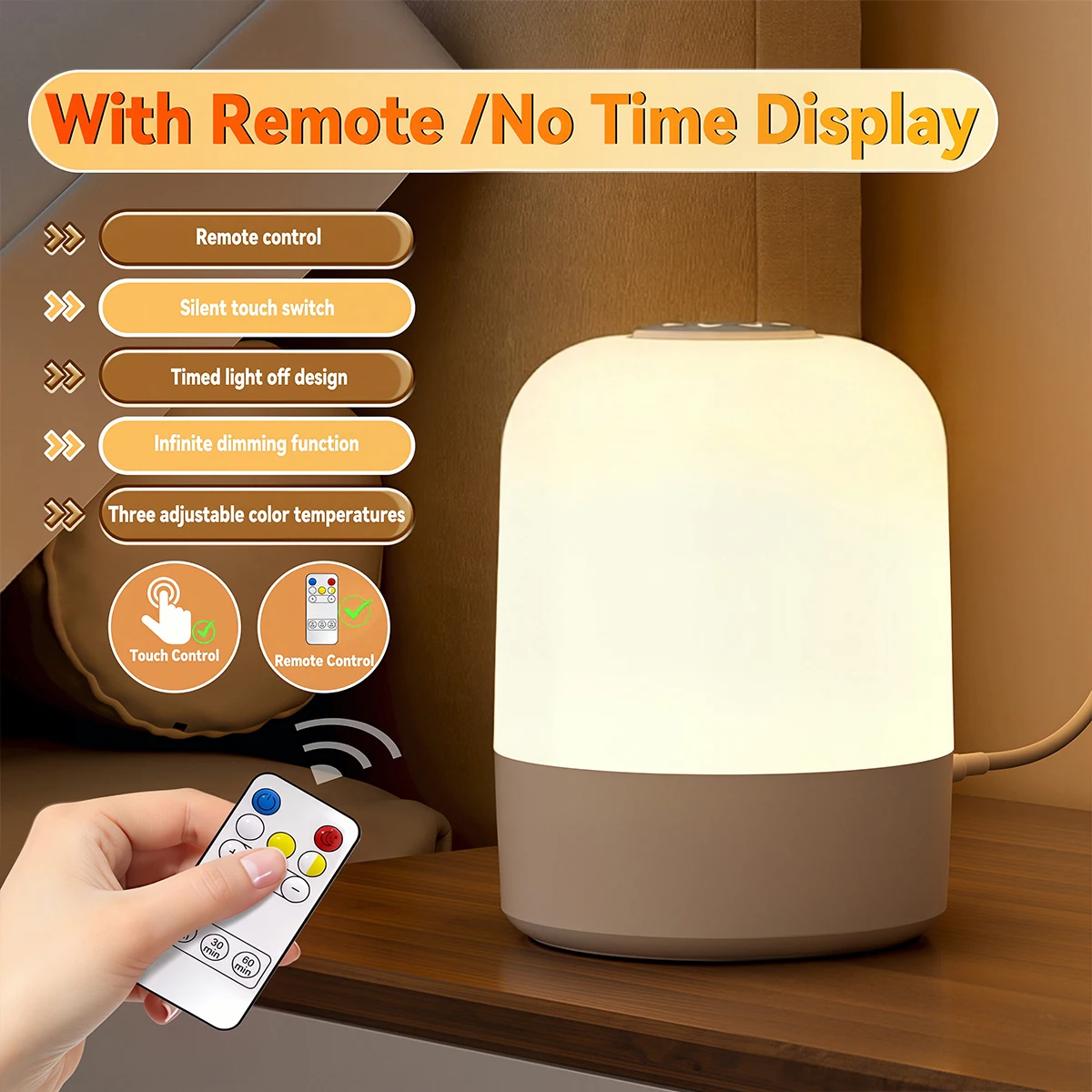 USB Rechargeable LED Night Light with Clock - Dimmable 3-Color Soft Glow and Remote Control