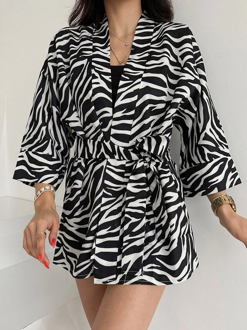 Marthaqiqi Printing Ladies Sleepwear Sexy V-Neck Robe Long Sleeve Nightgowns Lace Up Bathrobe Casual Mini Dress Female Nightwear