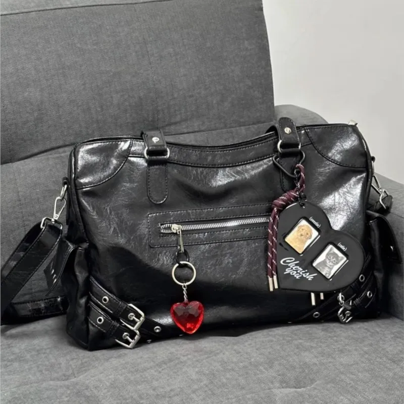 Hot Girl Retro Black Tote Bag Women Studded Leather Textured Large Capacity Shoulder Bag Ladies Edgy Cool Punk Y2k Crossbody Bag