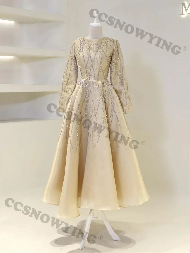 

Luxury Appliques Beaded Muslim Evening Dresses Long Sleeve Islamic Formal Party Gowns Round Neck Women Arabic Robes De Soirée