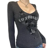 Économie grunge dégradés pour femmes, manches longues, chemises graphiques vintage, t-shirts esthétiques E-Girls, vêtements gothiques, streetwear, Y-Y2K, automne 2