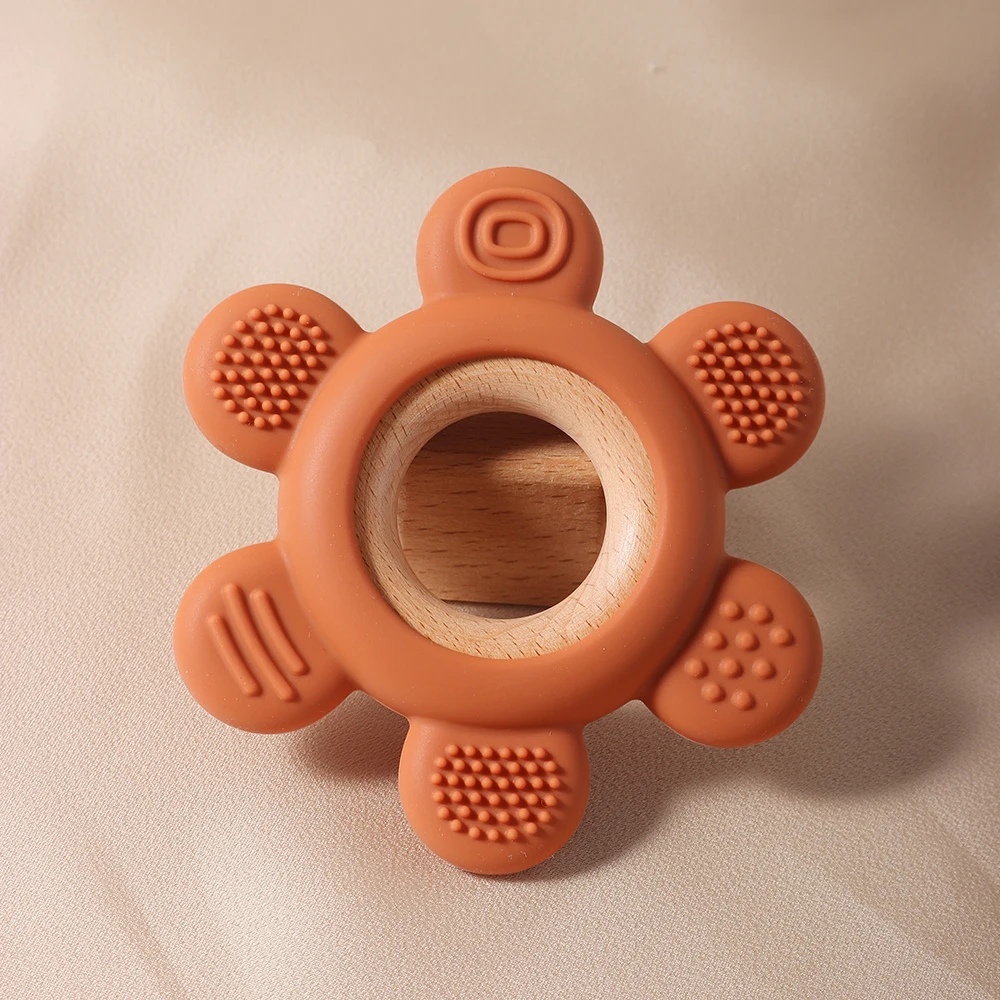 hot sale Baby wooden teether flower silicone teether Food Grade Safe Teether with wooden ring  Toy Teething gift 5