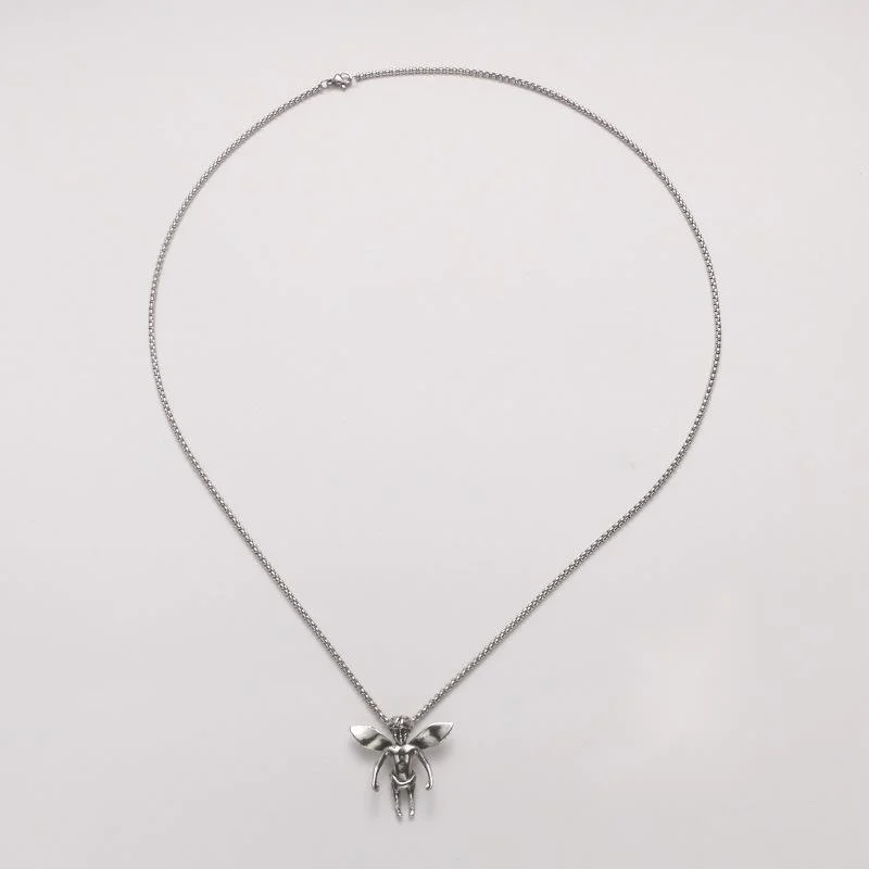 Vintage roestvrijstalen ketting groothandel hiphop engelenvleugels legering hanger trui ketting_voghion.com