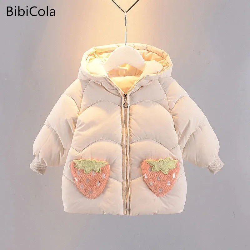 

Kids Cotton Clothing Thickened Down Girls Jacket Baby Winter Warm Coat Zipper Hooded Costume Girls strawberry cartoon Outwear