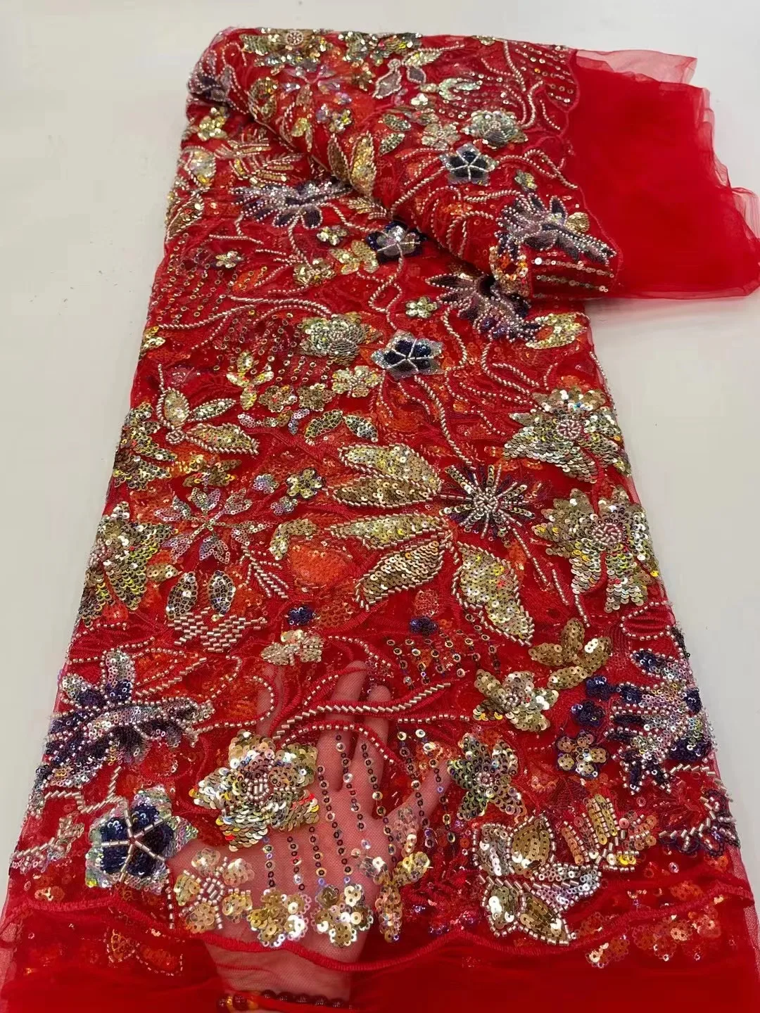 

Красная африканская кружевная ткань с блестками для жениха 5 ярдов 2023 высококачественная ткань из фатина для шитья