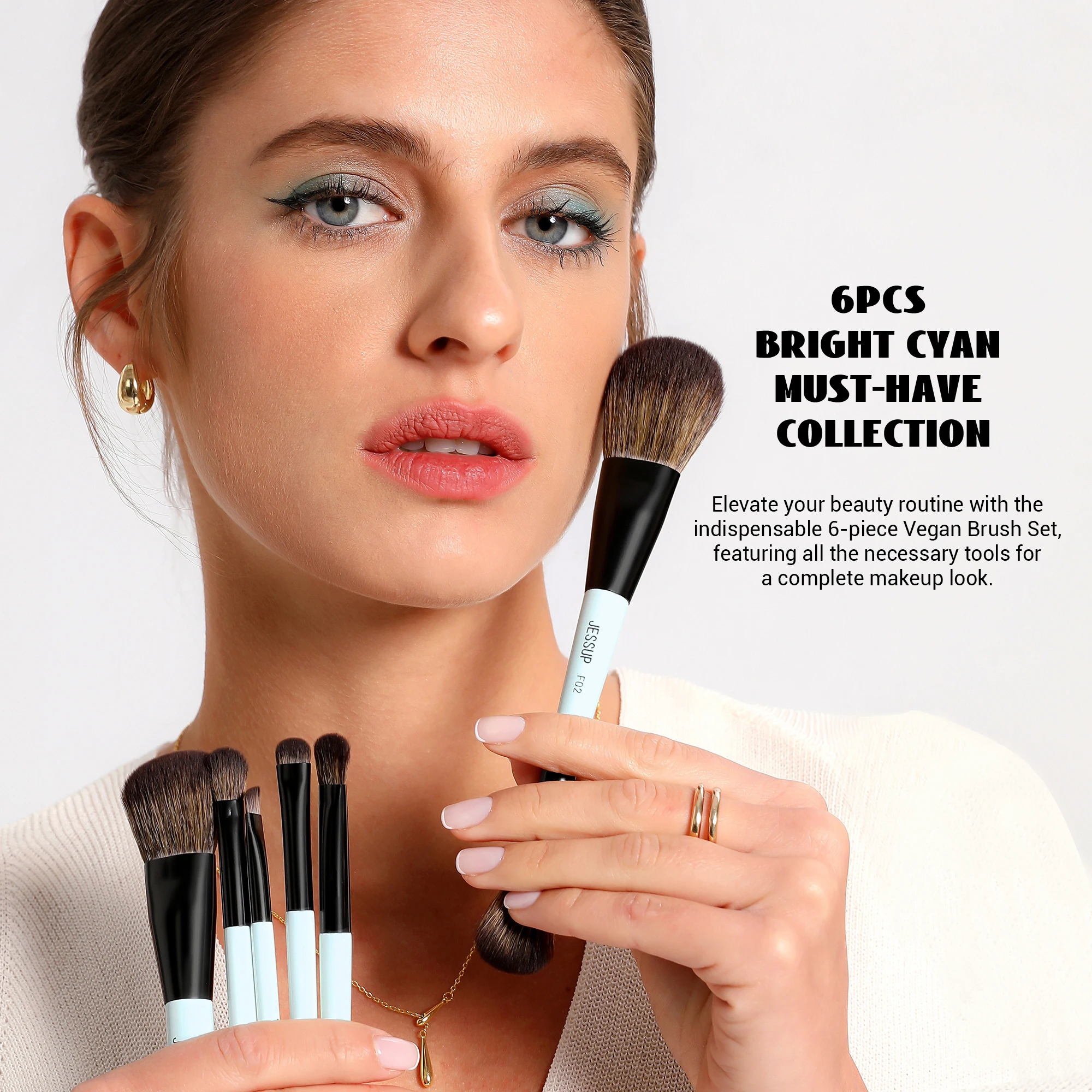 Jessup Makeup Brush Set Double Sided Makeup Brushes Foundation Contour Blush Blending Eyebrow Shadow,Fiber Bright Cyan T501 3