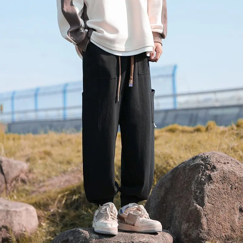Korean Spring Men's Spliced Pockets Solid Color Loose Breathable Casual Drawstring Elasticized High Waisted Straight Cargo Pants