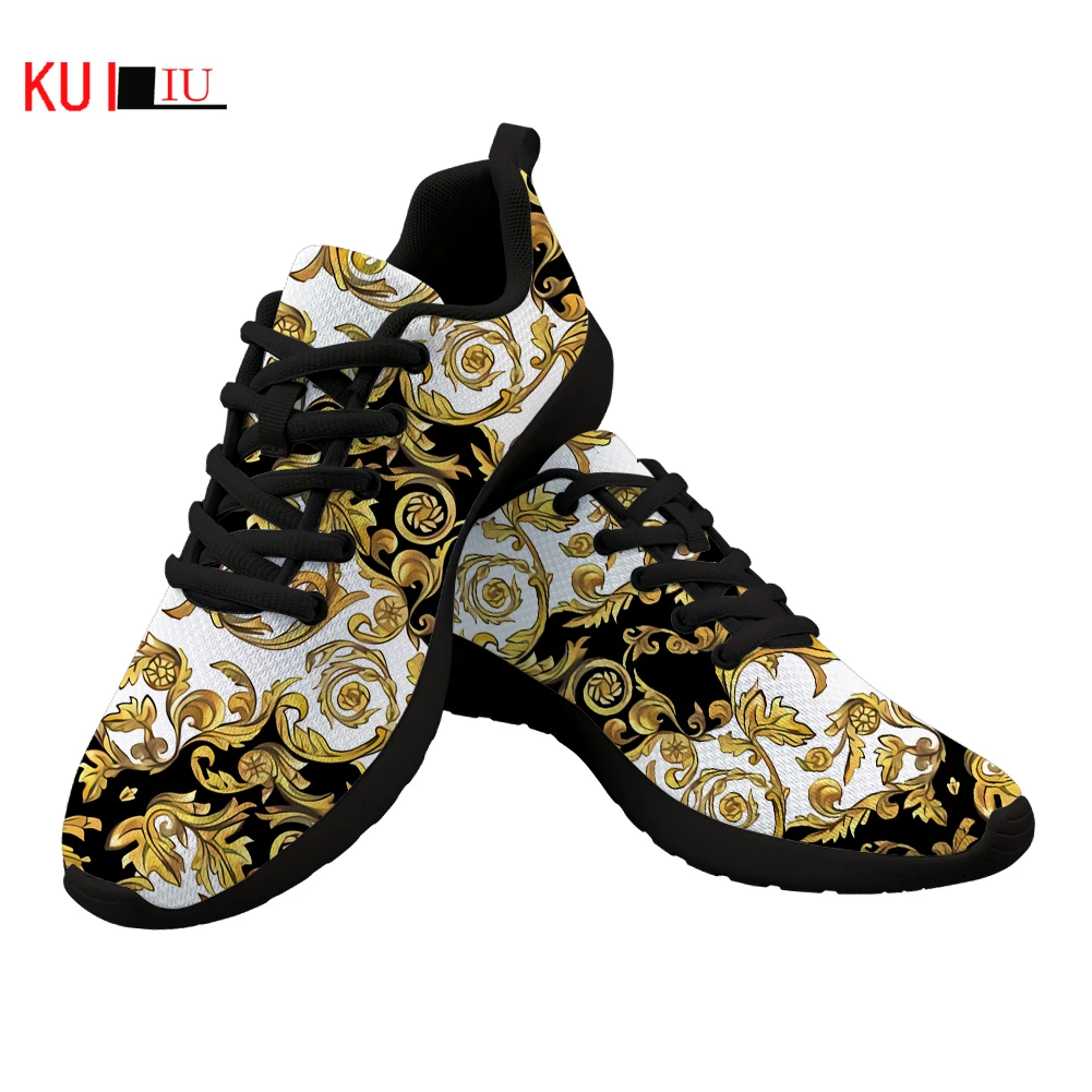 

KUILIU New Men Shoes Luxury Golden European Floral Print Casual Women Sneakers Brand Designer Lace Up Sport Shoes Dropshipping