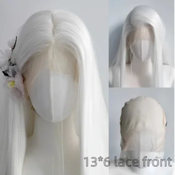 Parrucca Frontale in Pizzo Bianco 13*6 per Donne, Capelli Lunghi e Lisci 26 Pollici, Fibre Sintetiche di Alta Qualità, Parrucca Naturale per Cosplay