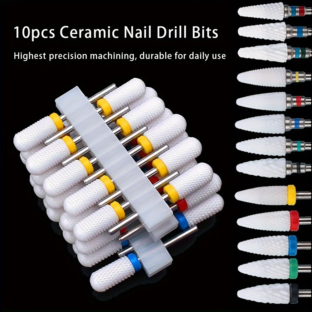 10pcs Ceramic Nail Drill Bits Set, Electric Manicure & Pedicure Milling Cutter, For Nail Polishing Machine 3