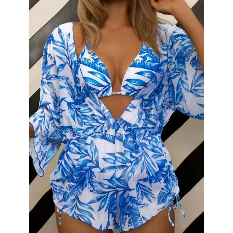 New Three-Piece Set Bikini Women's Beach Sun Protection Printed Blouse Swimwear Wholesale